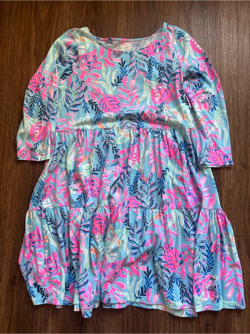 Lilly Pulitzer Tiered Dress in Pink and Blue Tropical Print M